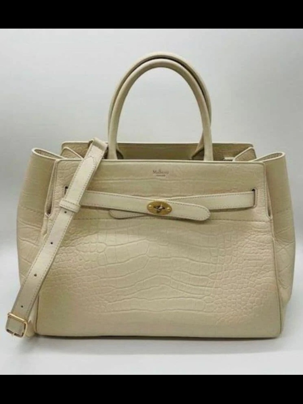 Mulberry Cream Croc-Embossed Leather Satchel with Strap